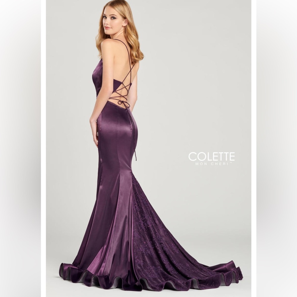 Colette Mon Cheri sz 8 plum colored satin dress with lace and sequin train NWT